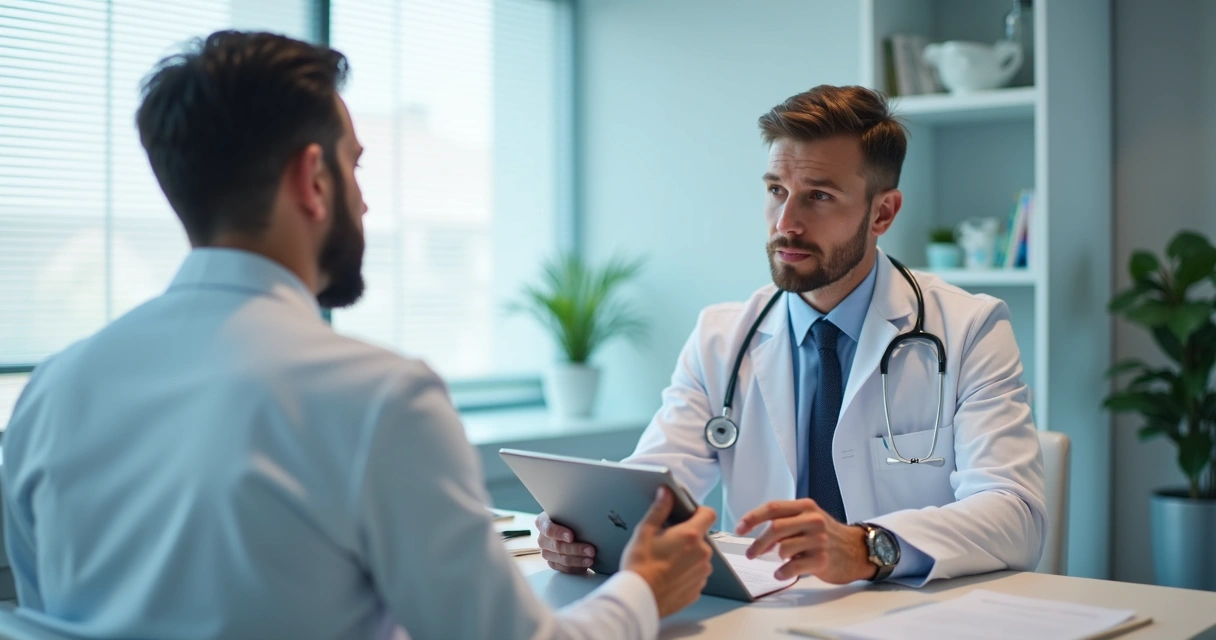 Homem jovem conversando com urologista durante consulta 