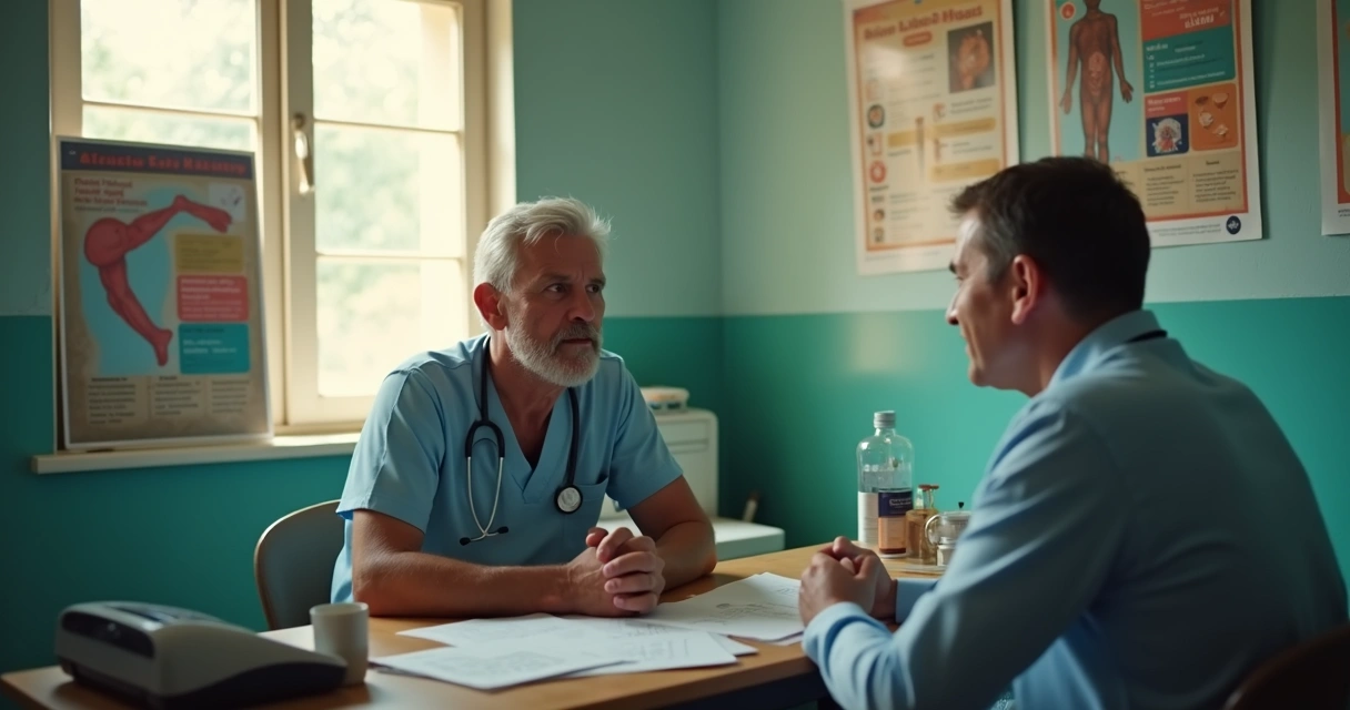 Consulta médica com urologista em ambiente simples