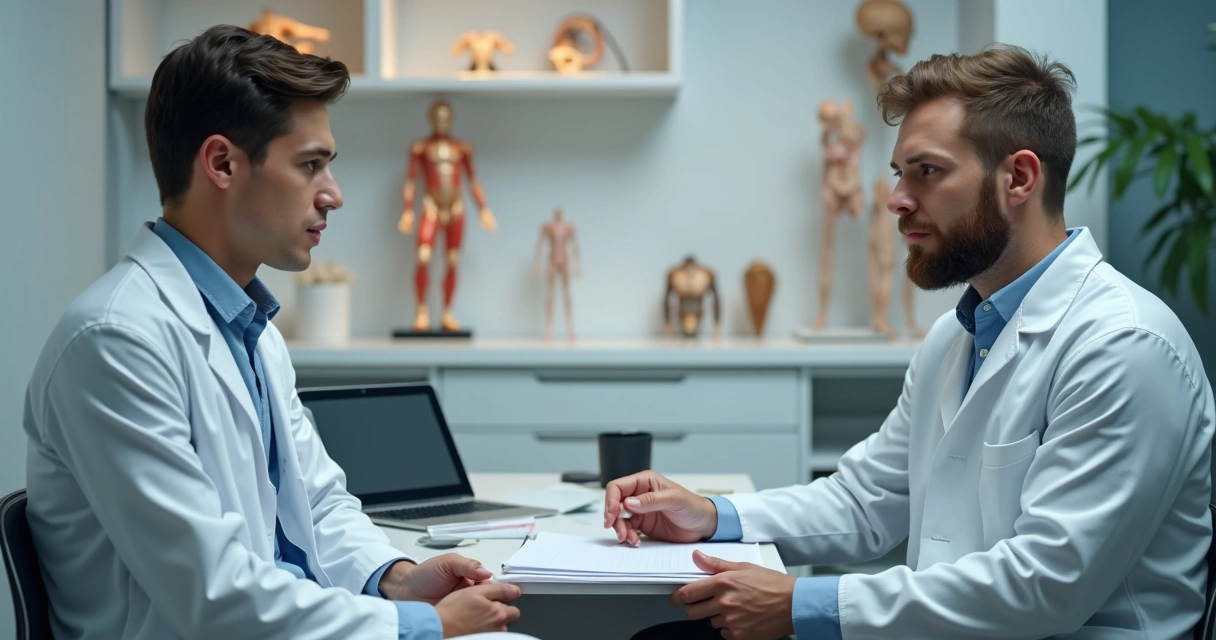 Jovem em consulta com urologista em ambiente clínico