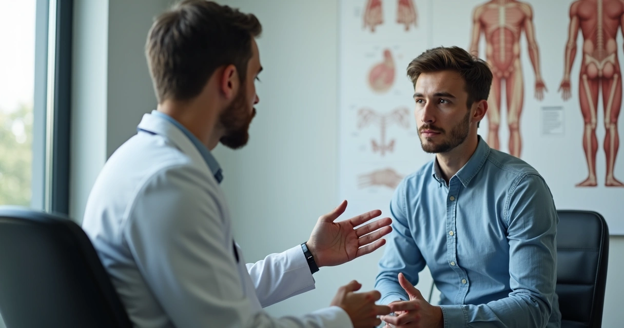 Jovem em consulta médica com urologista, atento às explicações 