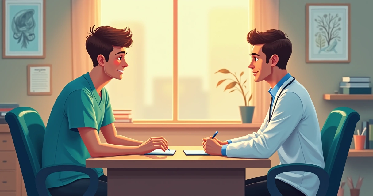 Jovem sentado conversando com urologista em consultório moderno 