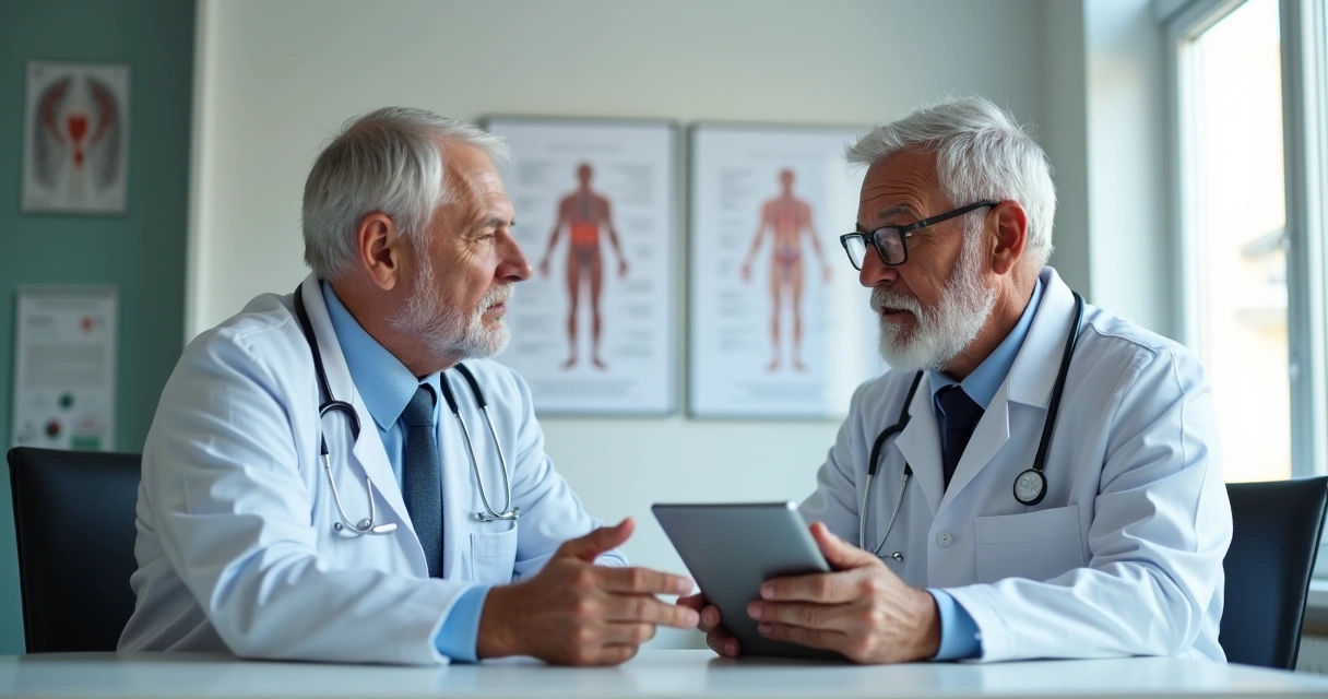 Homem de meia-idade conversando com médico urologista em consultório moderno. 