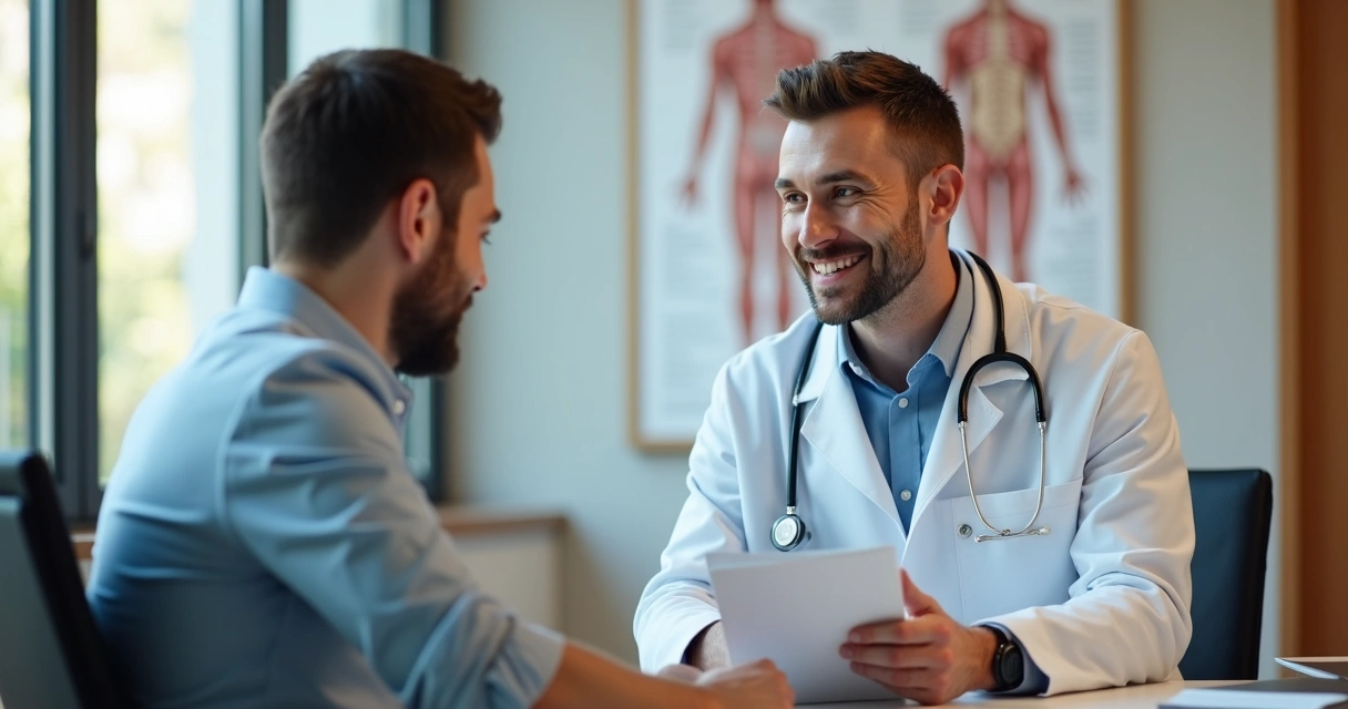 Homem conversando com urologista, expressão atenta durante consulta 