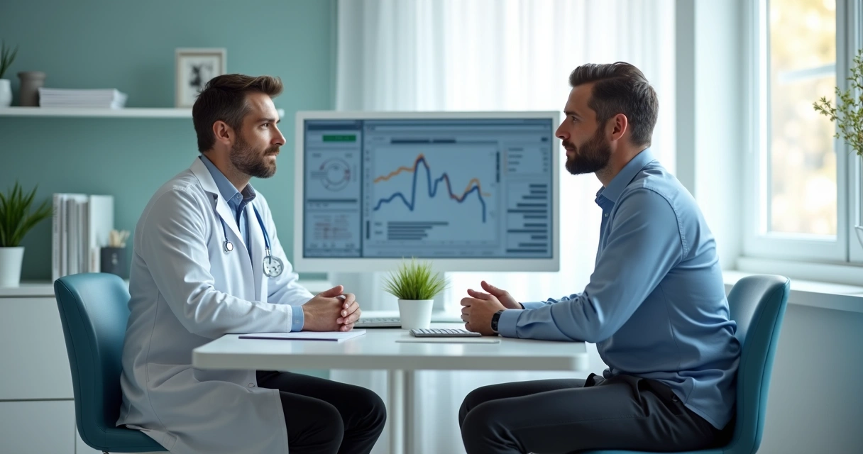 Homem conversando com urologista em consultório moderno 