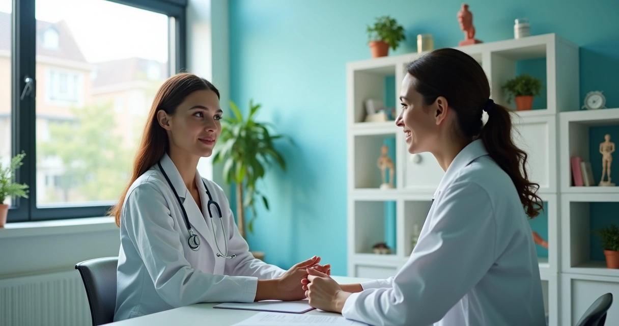 Médica conversando com paciente mulher em consultório