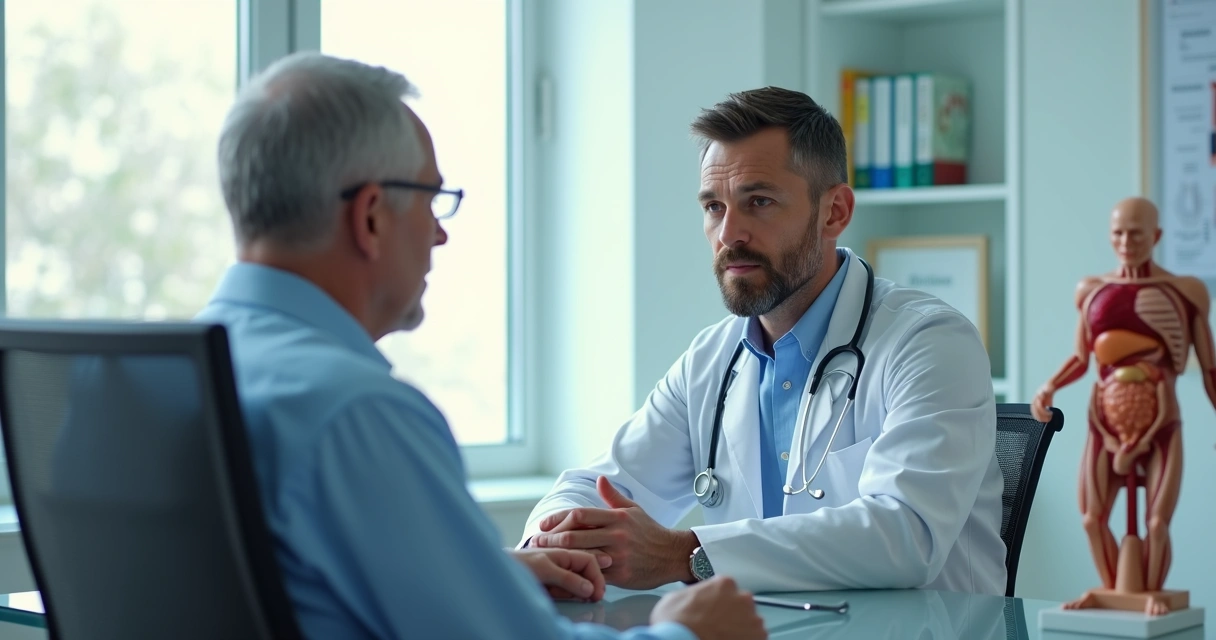 Médico urologista conversando com paciente em consultório moderno