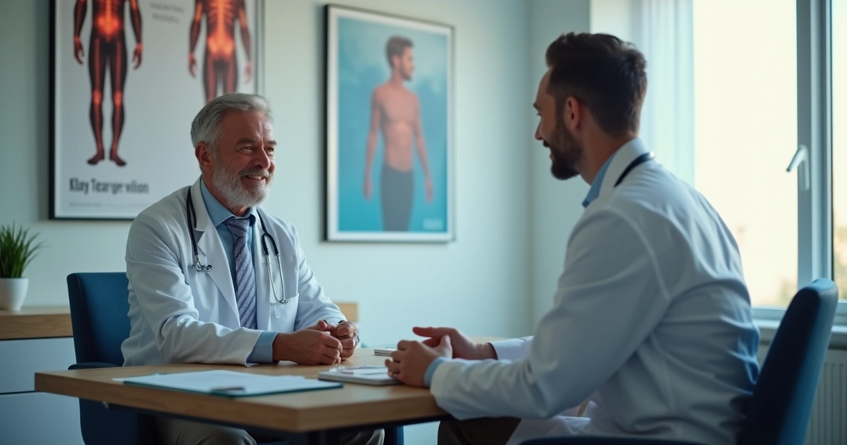 Paciente masculino conversando com urologista em consultório moderno