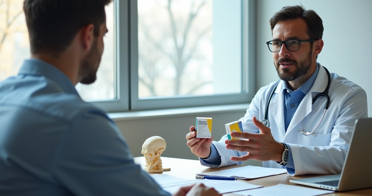 Médico urologista explicando opções de remédio para ereção a paciente 