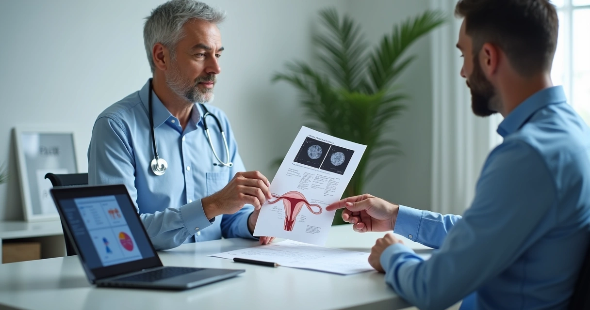 Urologista mostrando laudo de ultrassom para paciente