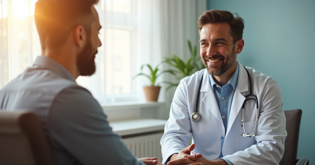 Urologista conversando com paciente adulto em consultório 