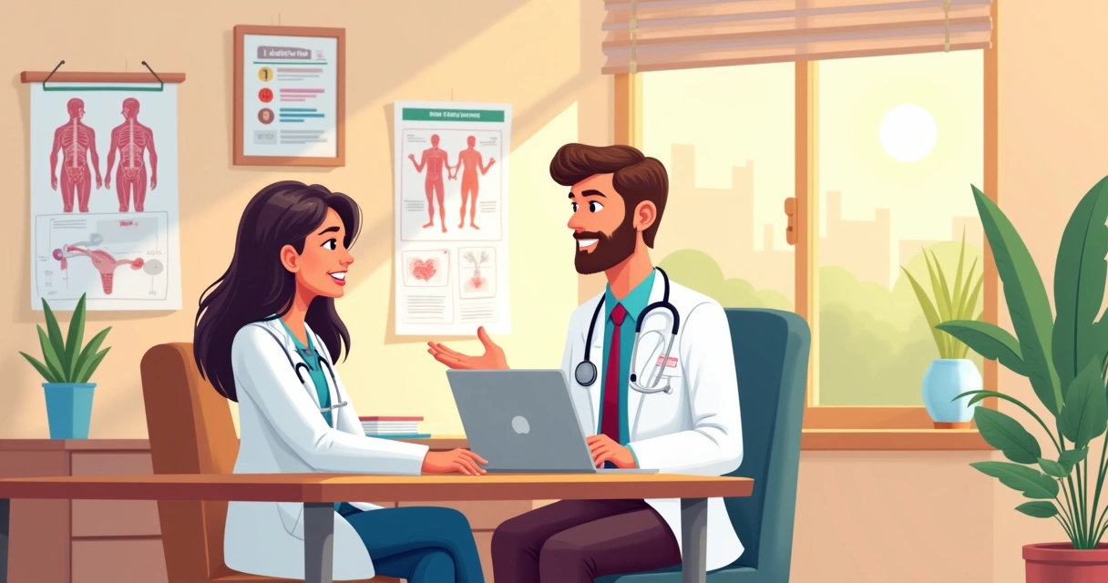 Consulta entre urologista e paciente, em escritório claro com gráficos e ferramentas médicas visíveis.