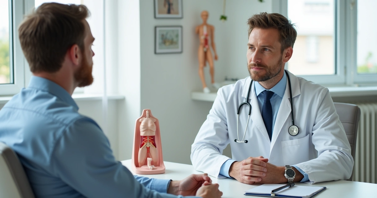 Médico urologista conversando com paciente no consultório