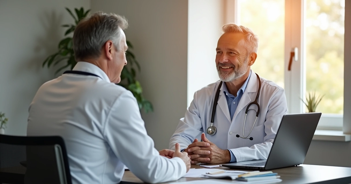 Homem conversa com médico em consultório simples 