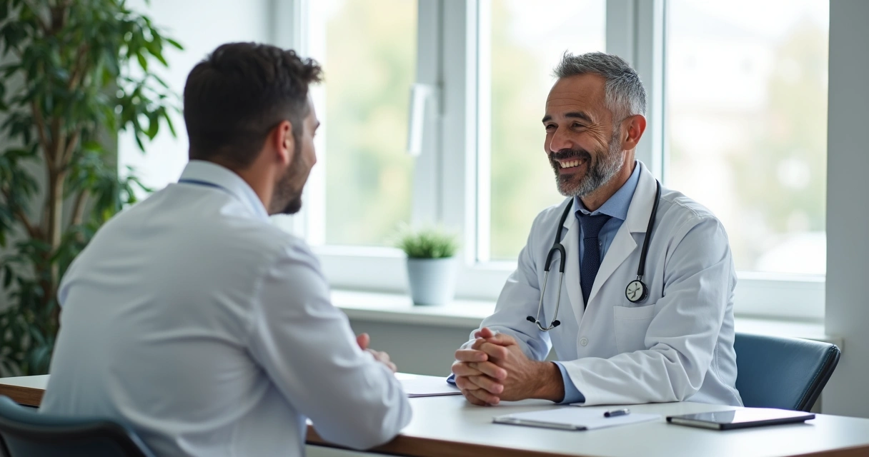 Consulta pós-operatória entre urologista e paciente, ambos sorrindo 