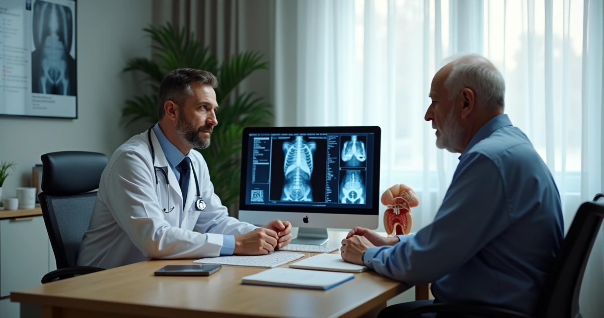 Médico urologista em consulta com paciente idoso analisando exames 