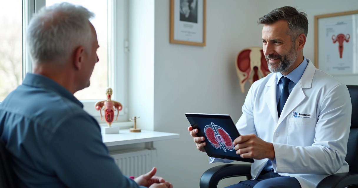 Consulta médica com urologista, paciente sentado à frente do médico