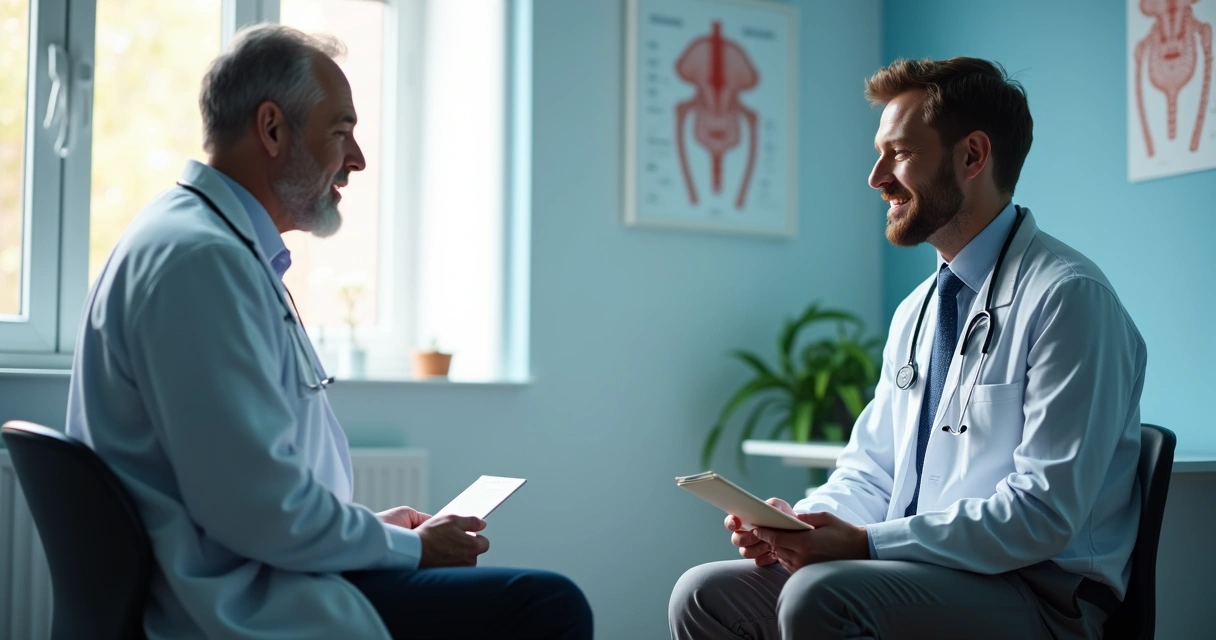 Consulta médica de urologista com paciente em consultório 
