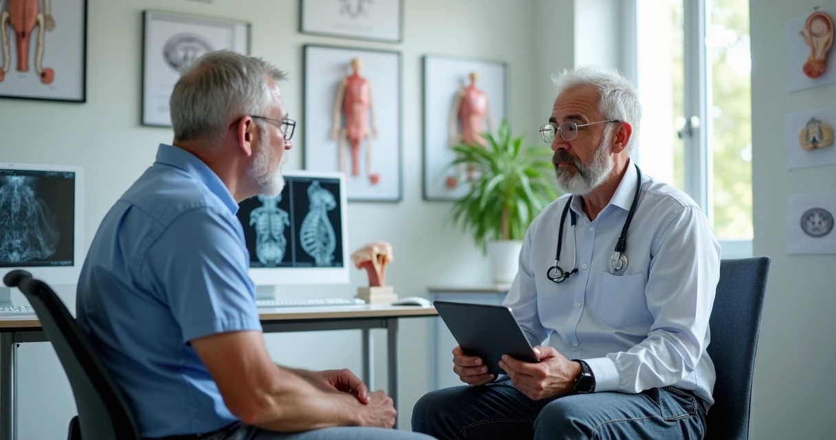 Homem em consulta com urologista, ambiente clínico moderno 