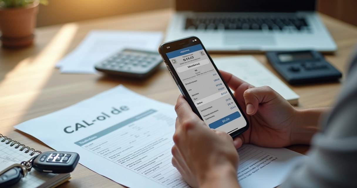 Pessoa consultando valor de carro no celular ao lado de documentos do veículo 