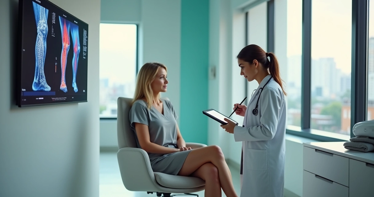 Cirurgiã vascular explicando exame de varizes em tela digital para paciente em clínica moderna 