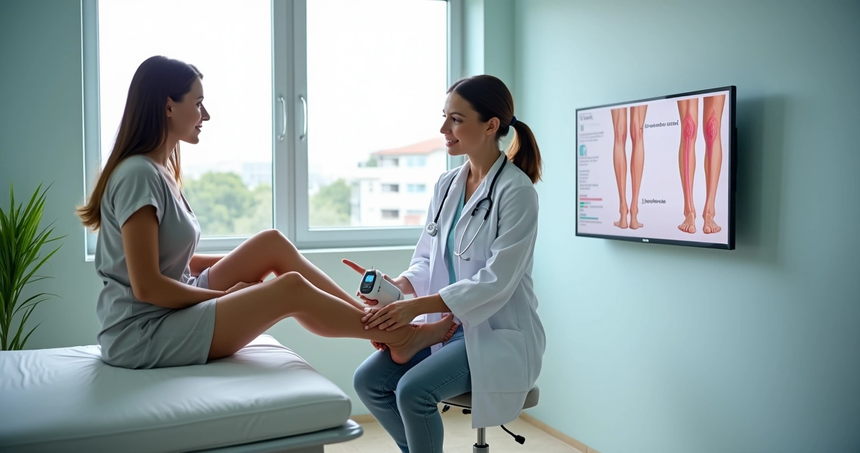 Médica vascular avaliando pernas com vasinhos discretos em clínica moderna em Campinas 