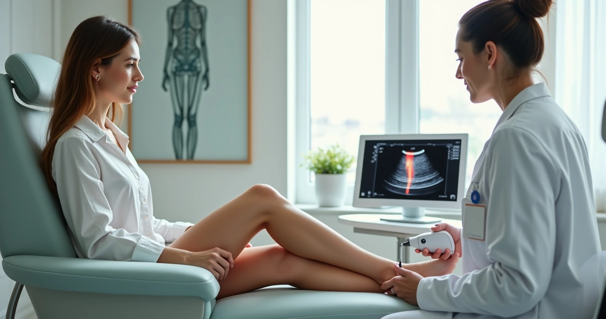 Angiologista avaliando pernas com vasinhos em clínica vascular moderna 