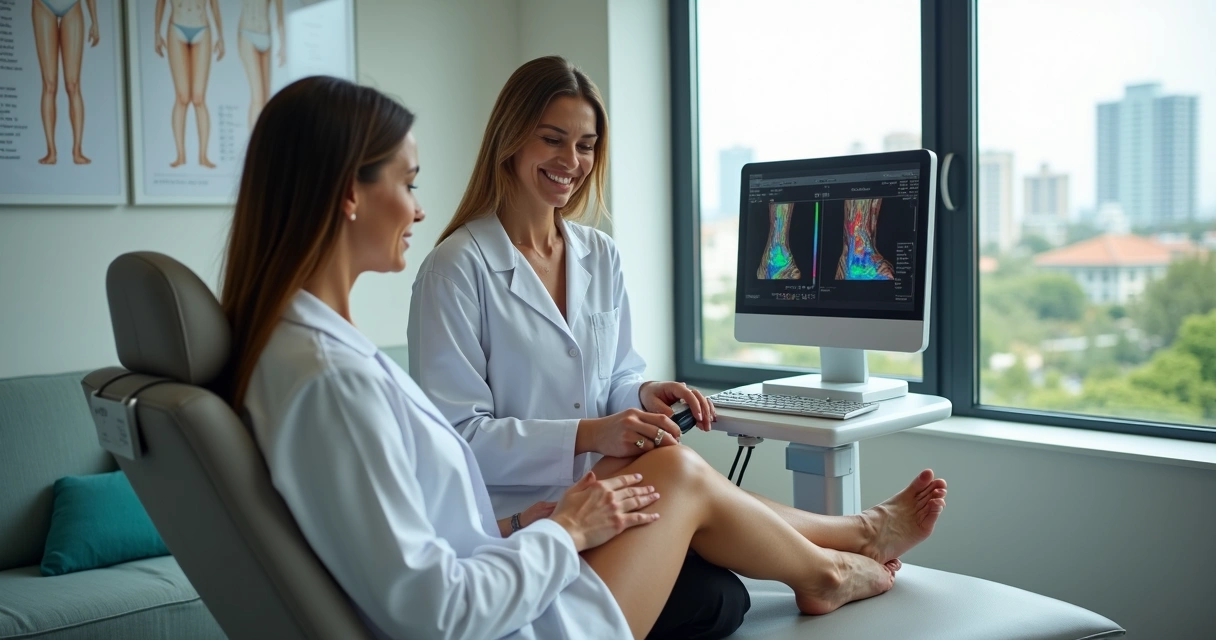 Cirurgiã vascular avaliando pernas com varizes em exame detalhado em consultório moderno 