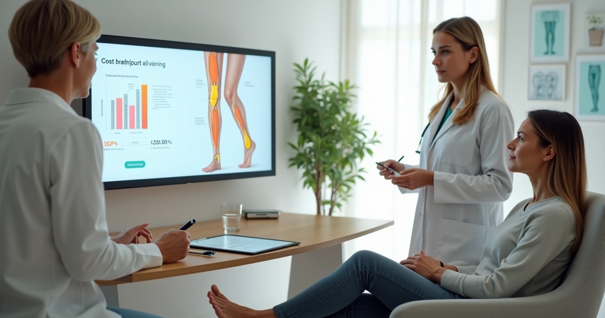 Mulher em consulta vascular observando tela com pernas e gráfico de custos do tratamento de varizes 