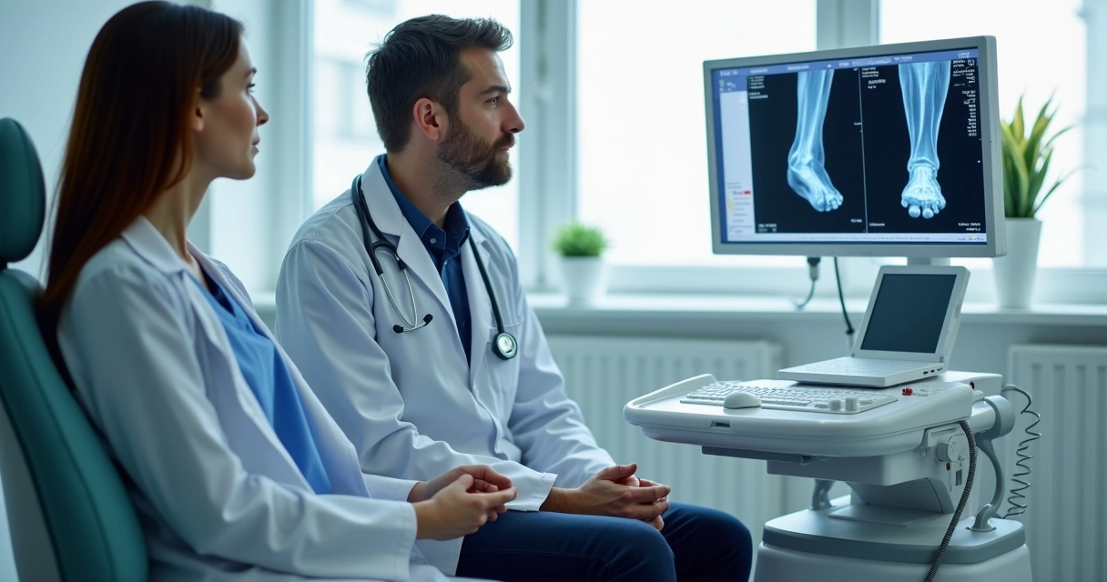 Médico vascular analisando ultrassom das pernas de paciente sentada em consultório moderno 