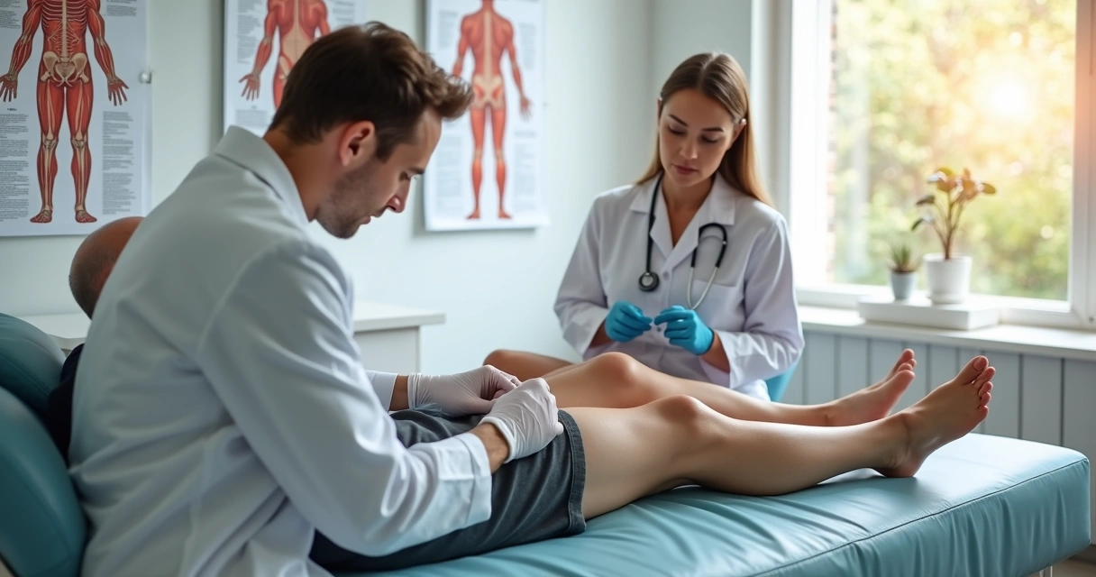 Médico examinando as pernas de uma paciente em consultório vascular