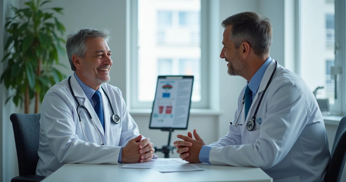 Paciente recebendo orientação de saúde vascular em clínica, ambiente moderno 