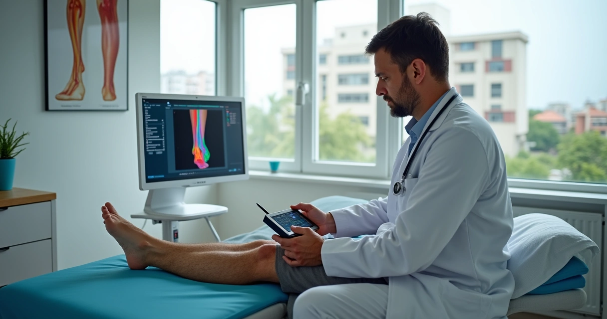 Médico vascular examinando perna de paciente com varizes em consultório em Anápolis 