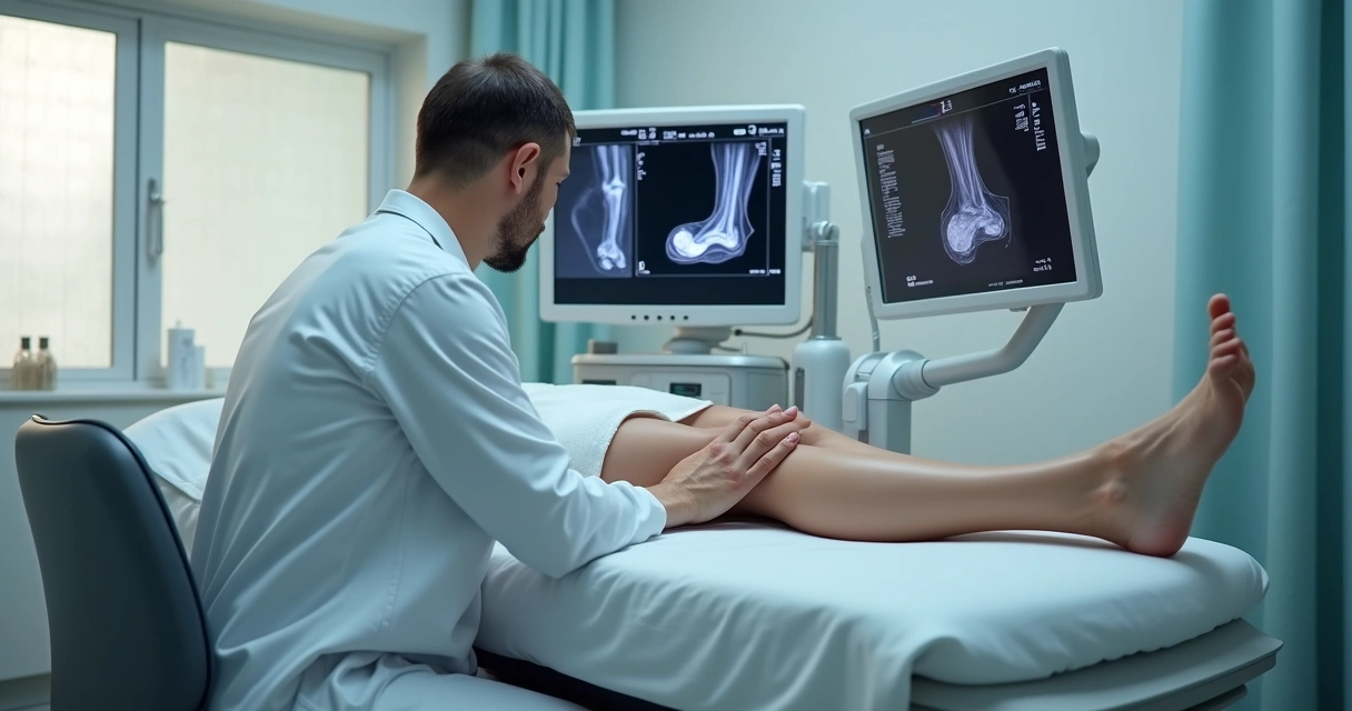 Médico vascular examinando pernas de paciente em consultório moderno 