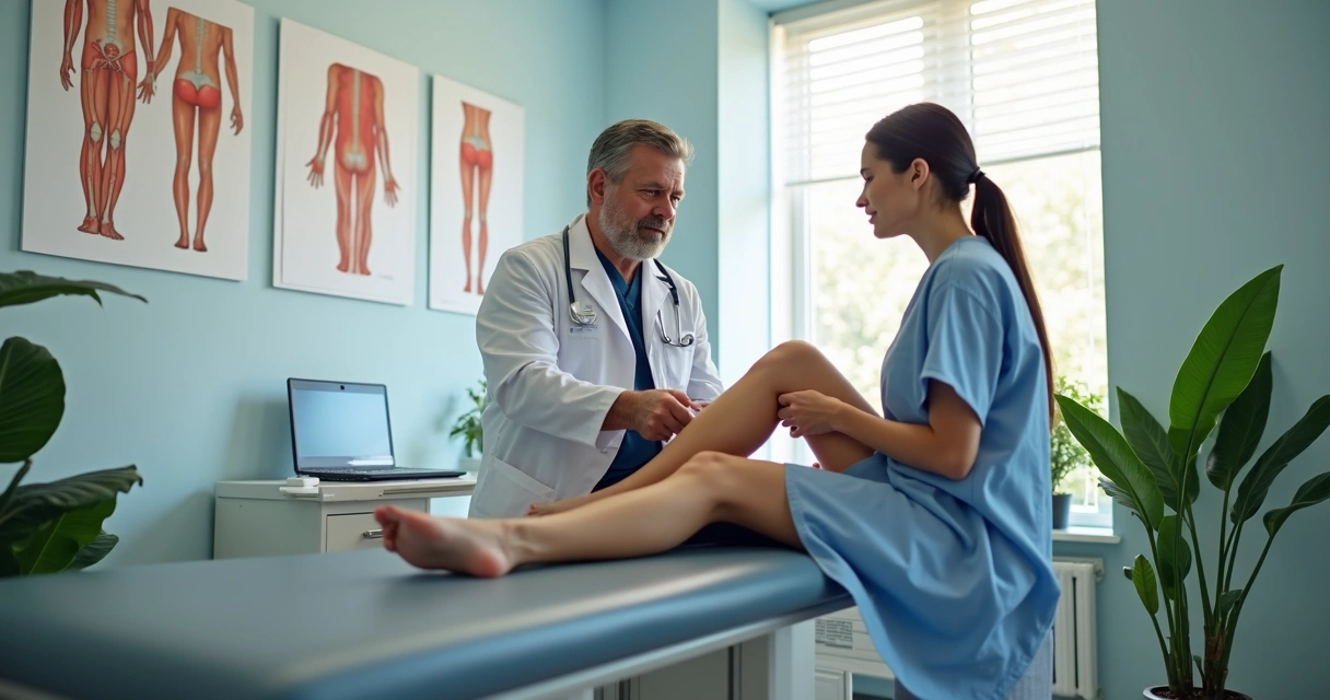 Médico vascular examinando pernas de paciente sentado em consultório 