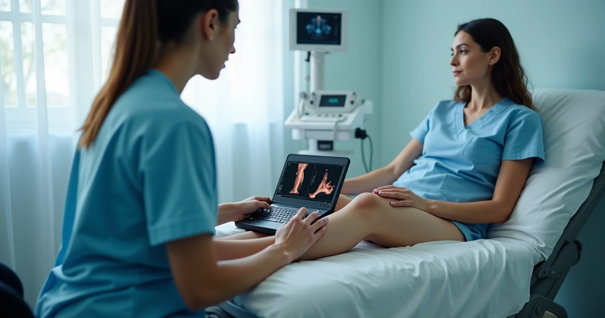 Paciente realizando ultrassom doppler em perna com médica em consultório Campinas 