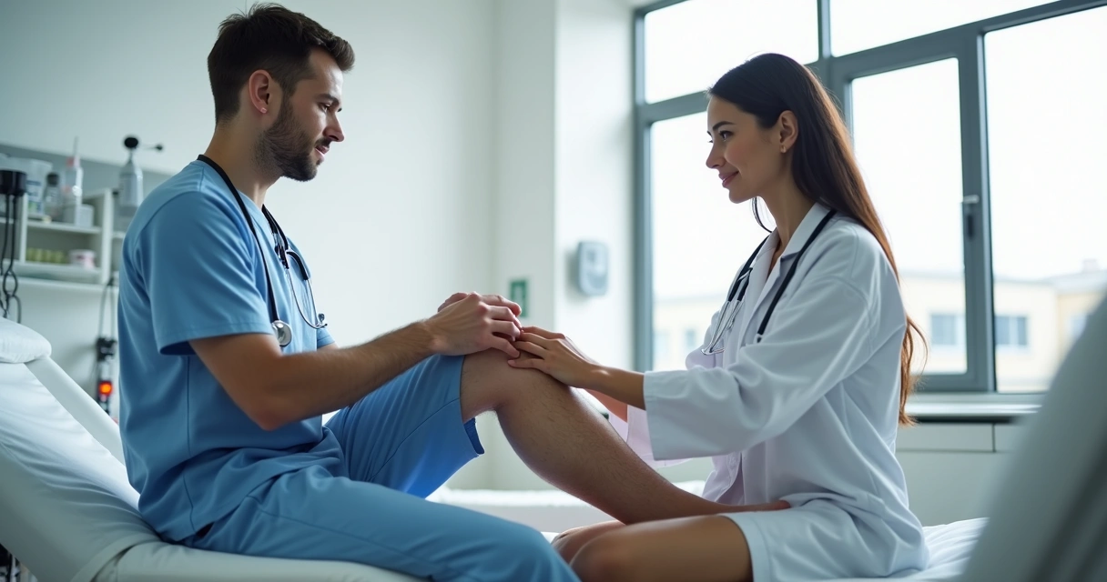 Médico examinando pernas de paciente em consultório moderno 