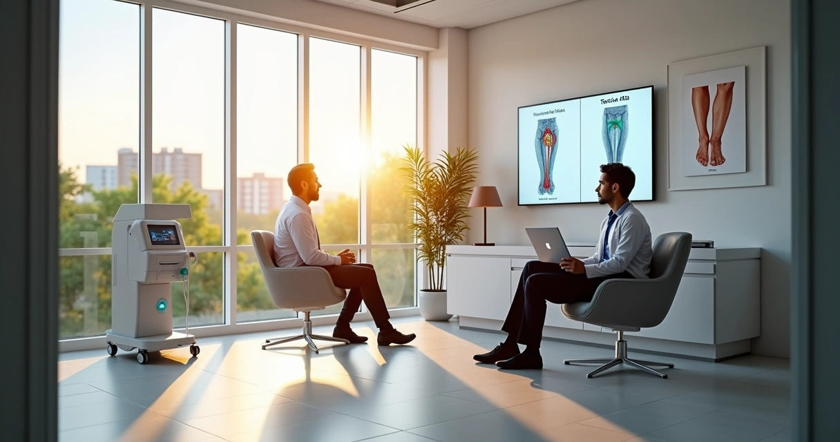 Paciente em consulta vascular avaliando opções de tratamento em clínica moderna 