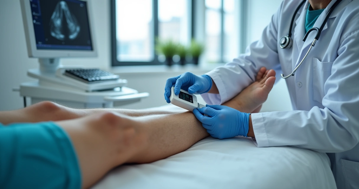 Médico vascular realizando exame Doppler na perna de paciente 