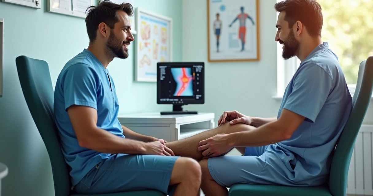 Homem sentado em consulta vascular em consultório médico 