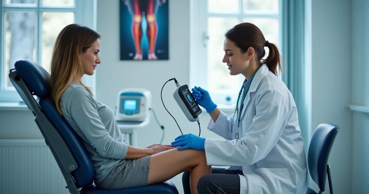 Médico vascular realizando exame usando ultrassom em paciente sentado 