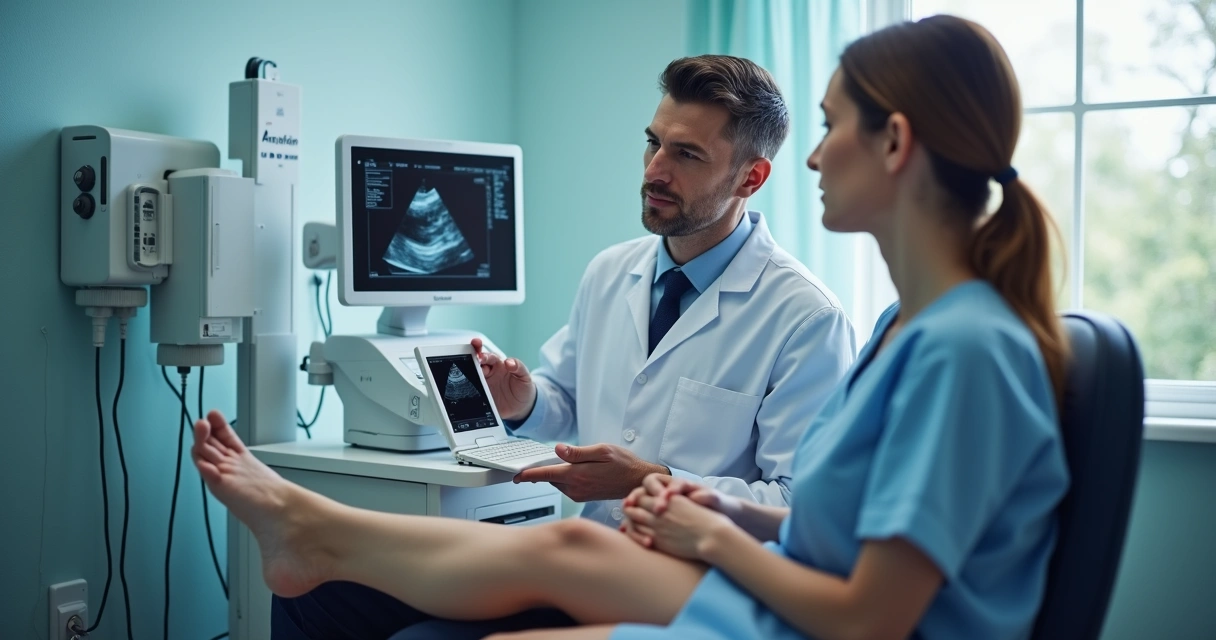 Consulta vascular com médico utilizando ultrassom moderno em paciente 
