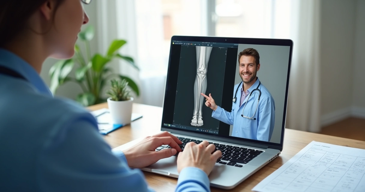 Consulta vascular online com paciente mostrando exames na videochamada 