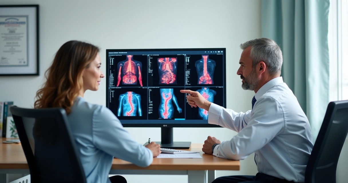 Médico e paciente analisando exame vascular de ultrassom. 