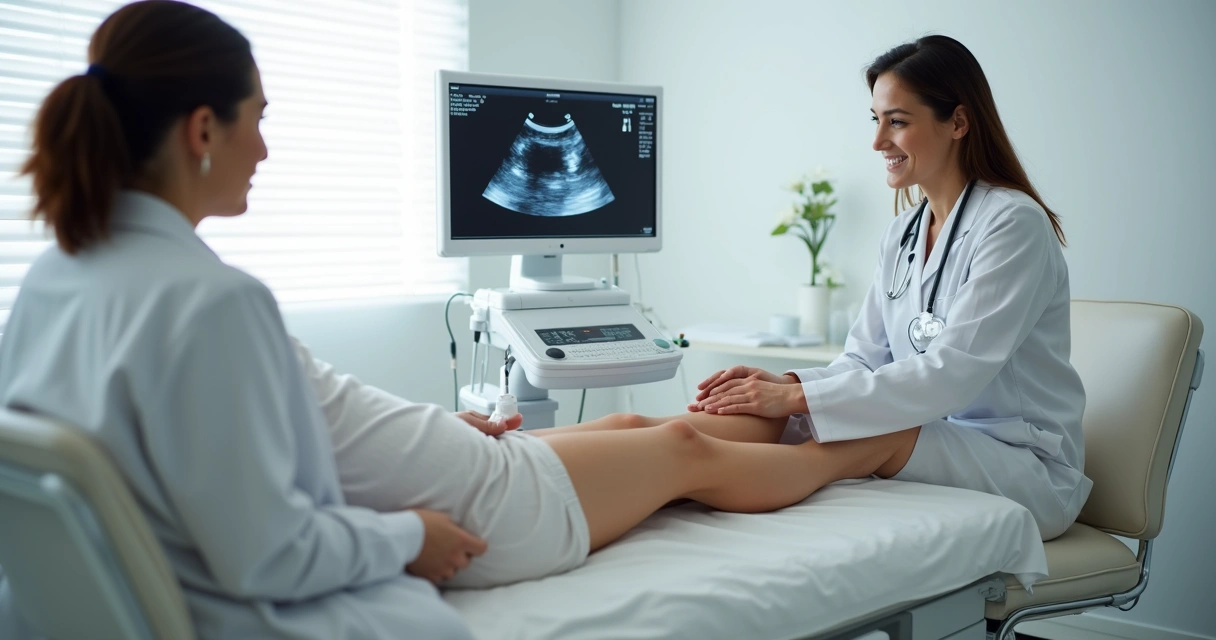 Médico vascular avaliando pernas com ultrassom em consultório