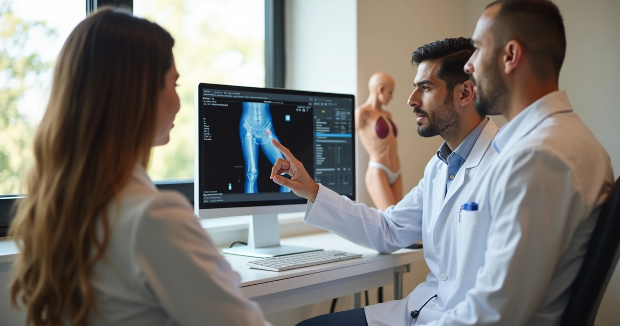 Médico vascular mostra imagem de ultrassom da perna em consultório 