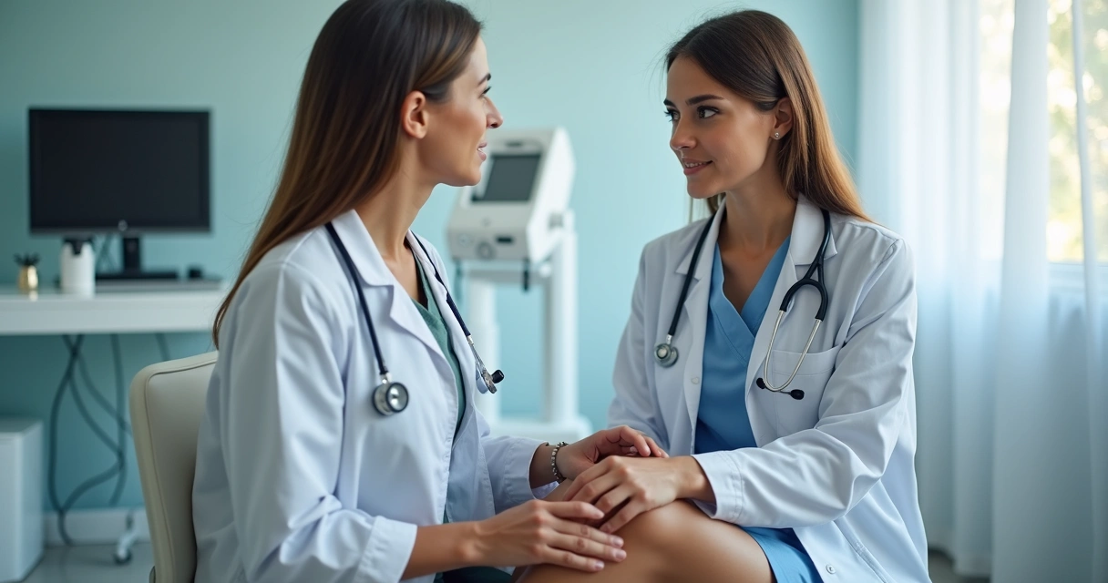 Consulta entre médica vascular e paciente focada em varizes 