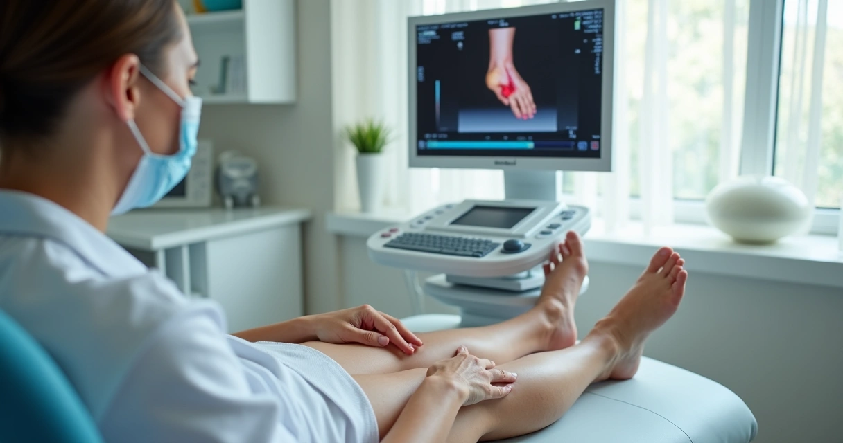Médico vascular realizando ultrassom nas pernas em consultório moderno 