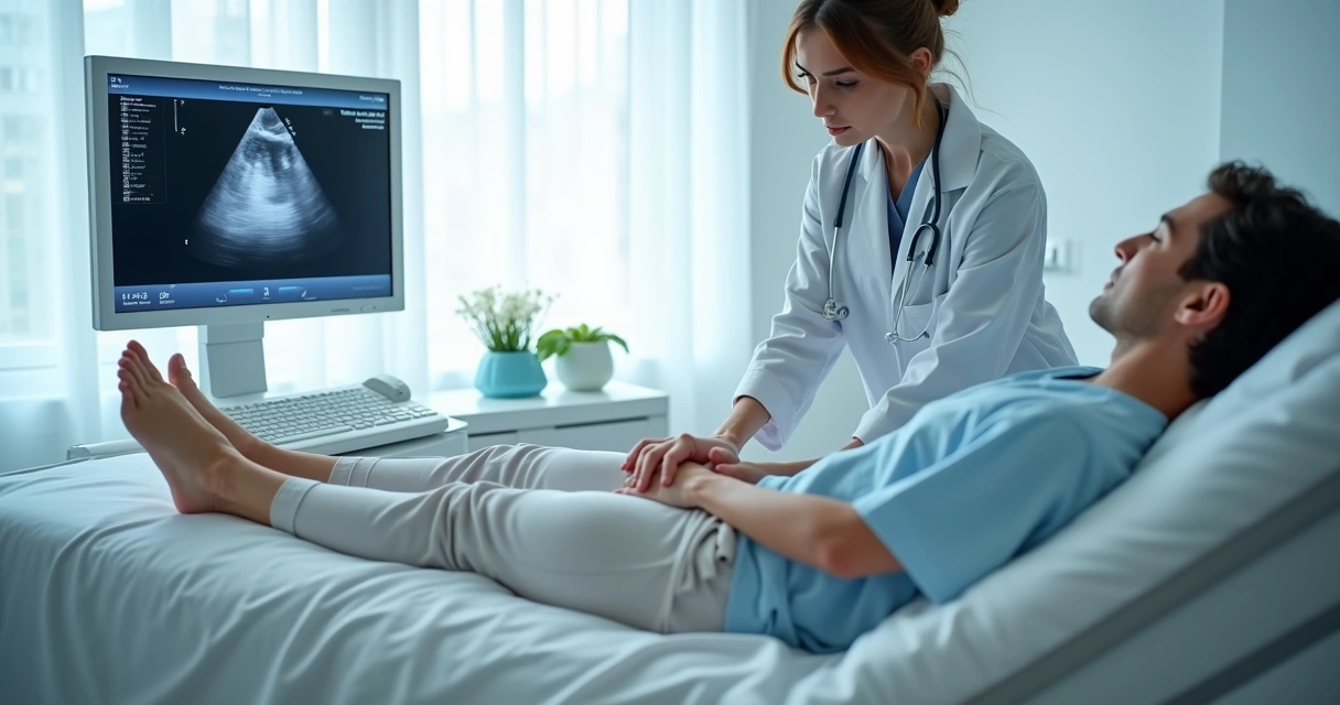 Especialista vascular realizando ultrassom nas pernas em consultório moderno