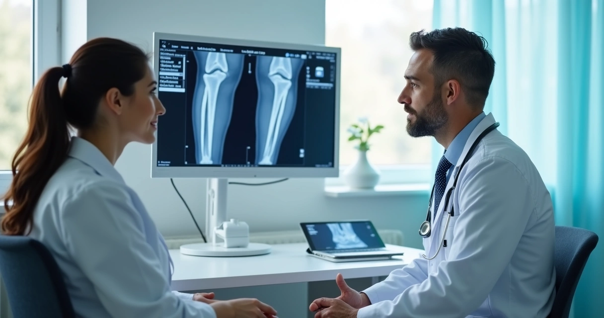Médico vascular mostrando ultrassom das pernas à paciente 