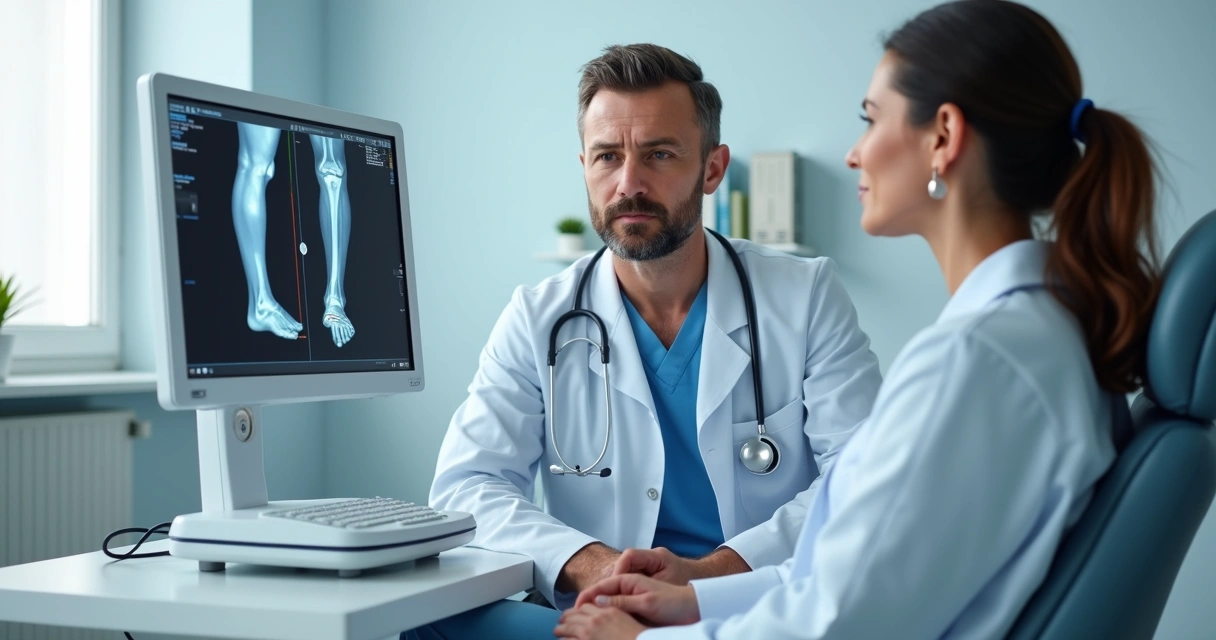 Médico vascular mostrando exame de ultrassom das pernas